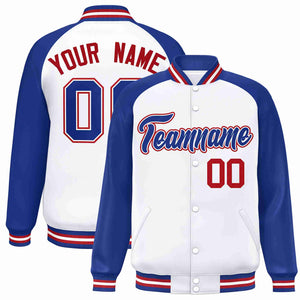 Veste Letterman Varsity Full-Snap à manches raglan blanc royal-blanc personnalisée