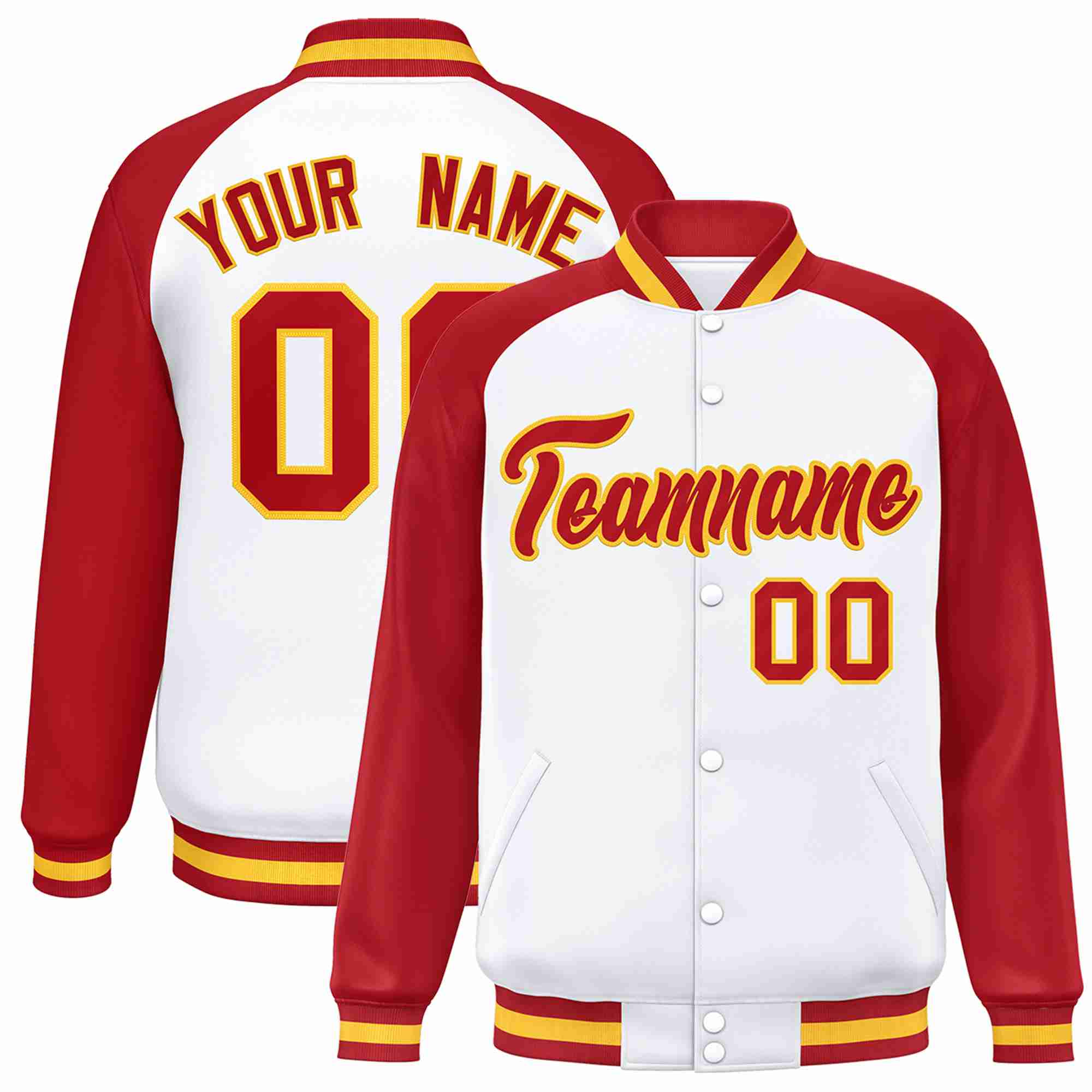 Veste Letterman Varsity Full-Snap à manches raglan personnalisées blanc rouge-or