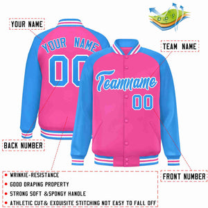 Veste Letterman Varsity Full-Snap à manches raglan rose poudre bleu-blanc personnalisée