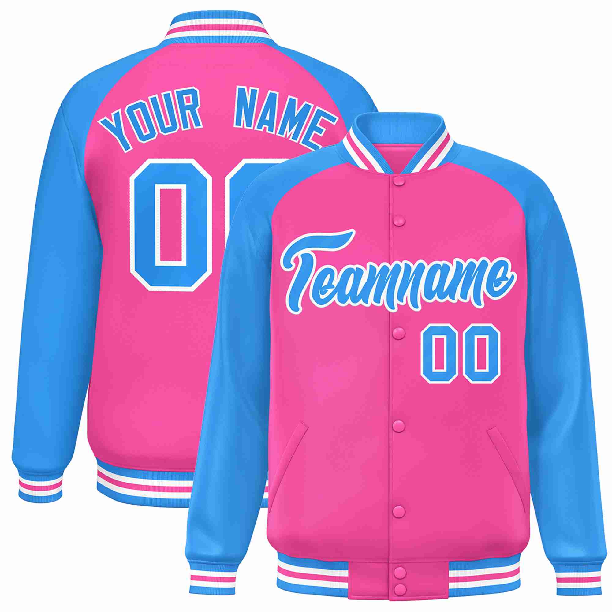 Veste Letterman Varsity Full-Snap à manches raglan rose poudre bleu-blanc personnalisée