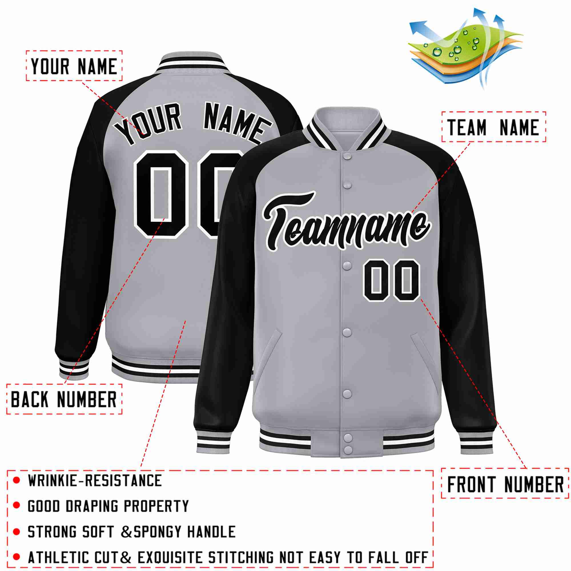 Custom Gray Black-White Raglan Sleeves Varsity Full-Snap Letterman Jacket