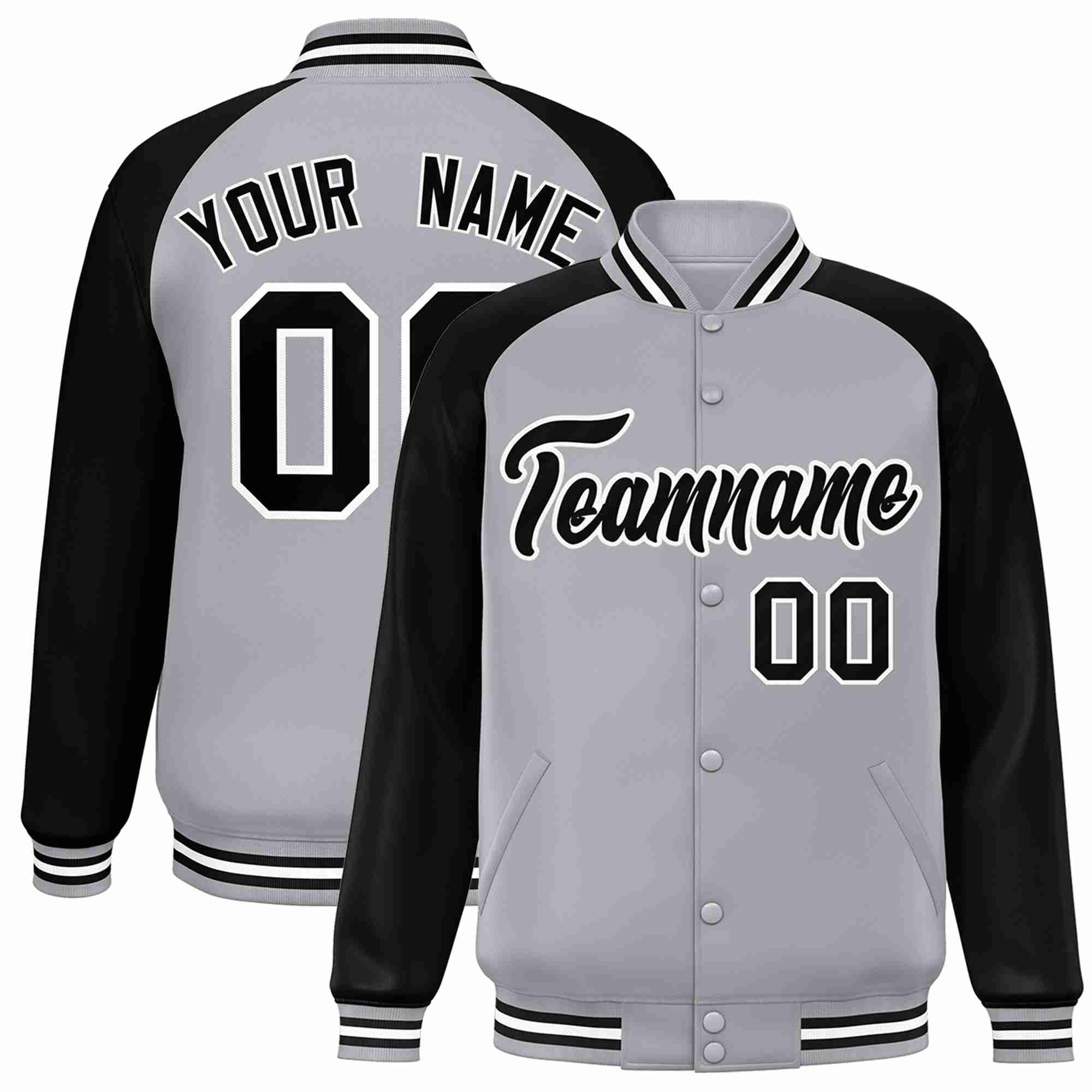 Veste Letterman Varsity Full-Snap à manches raglan gris noir-blanc personnalisée