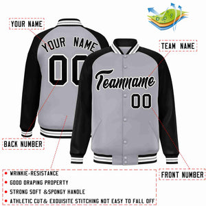 Veste Letterman Varsity Full-Snap à manches raglan gris noir-blanc personnalisée