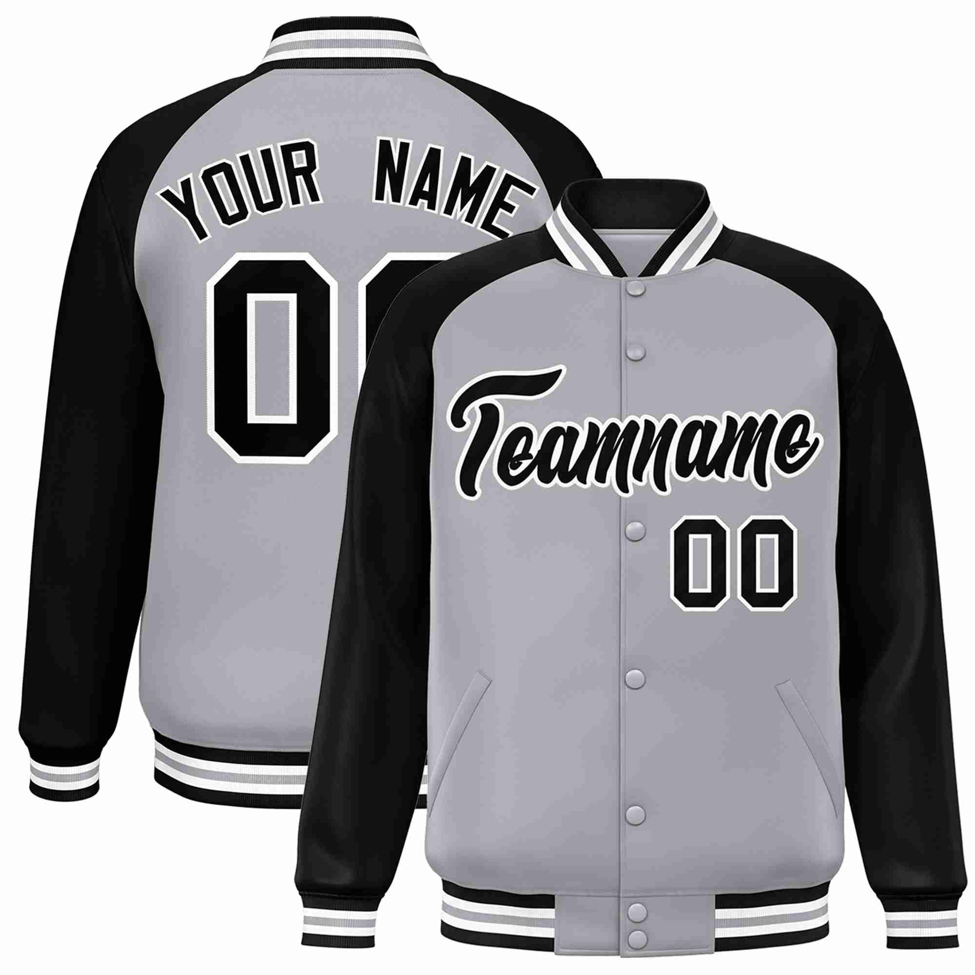 Veste Letterman Varsity Full-Snap à manches raglan gris noir-blanc personnalisée