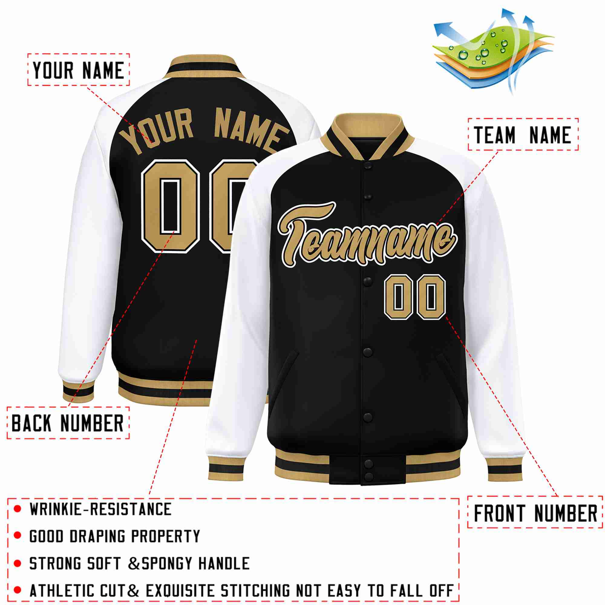 Custom Black Old Gold-Black Raglan Sleeves Varsity Full-Snap Letterman Jacket