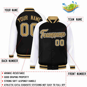 Veste Letterman Varsity Full-Snap Custom Black Old Gold-Black à manches raglan