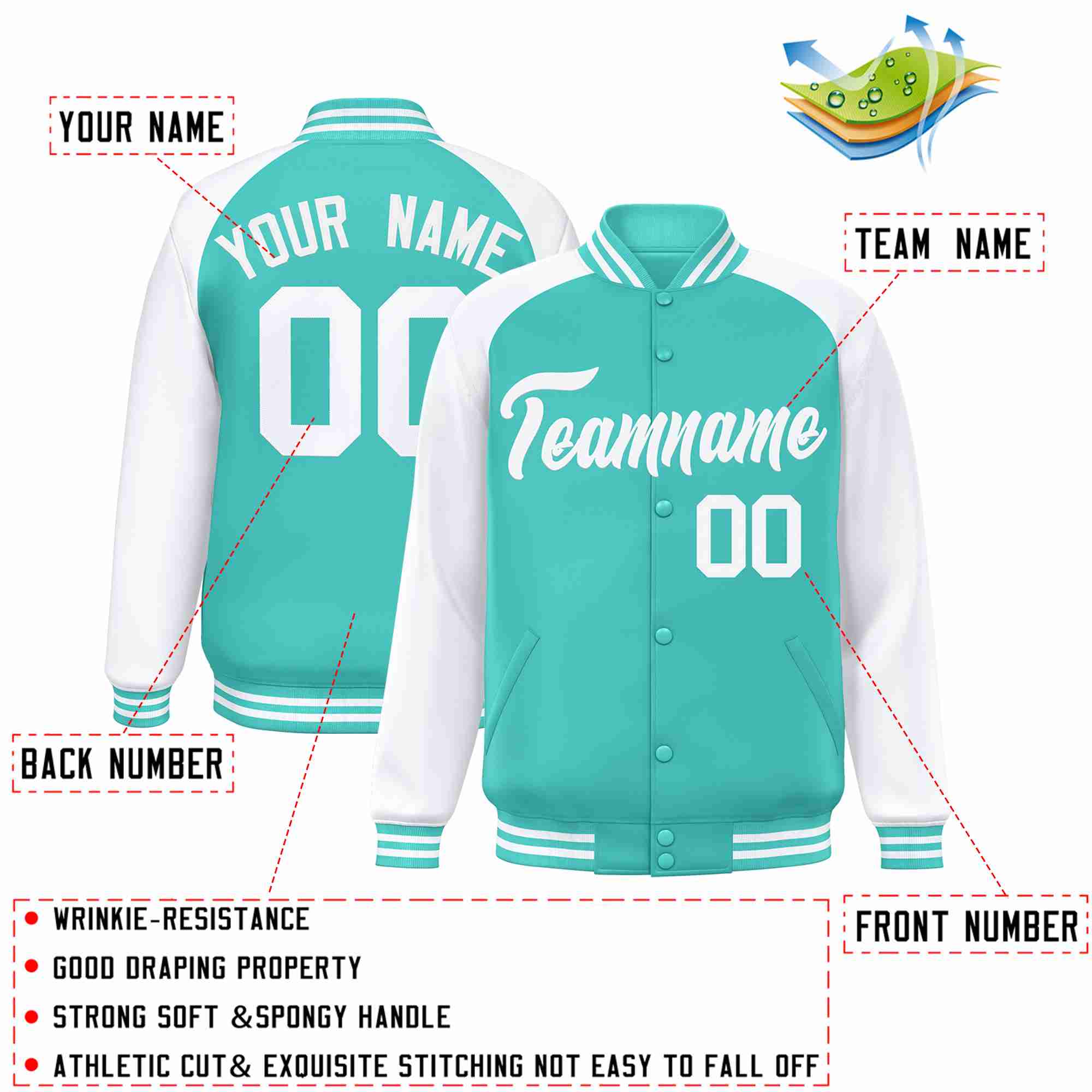 Veste Letterman Varsity Full-Snap à manches raglan blanches Aqua personnalisées