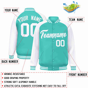 Custom Aqua White Raglan Sleeves Varsity Full-Snap Letterman Jacket