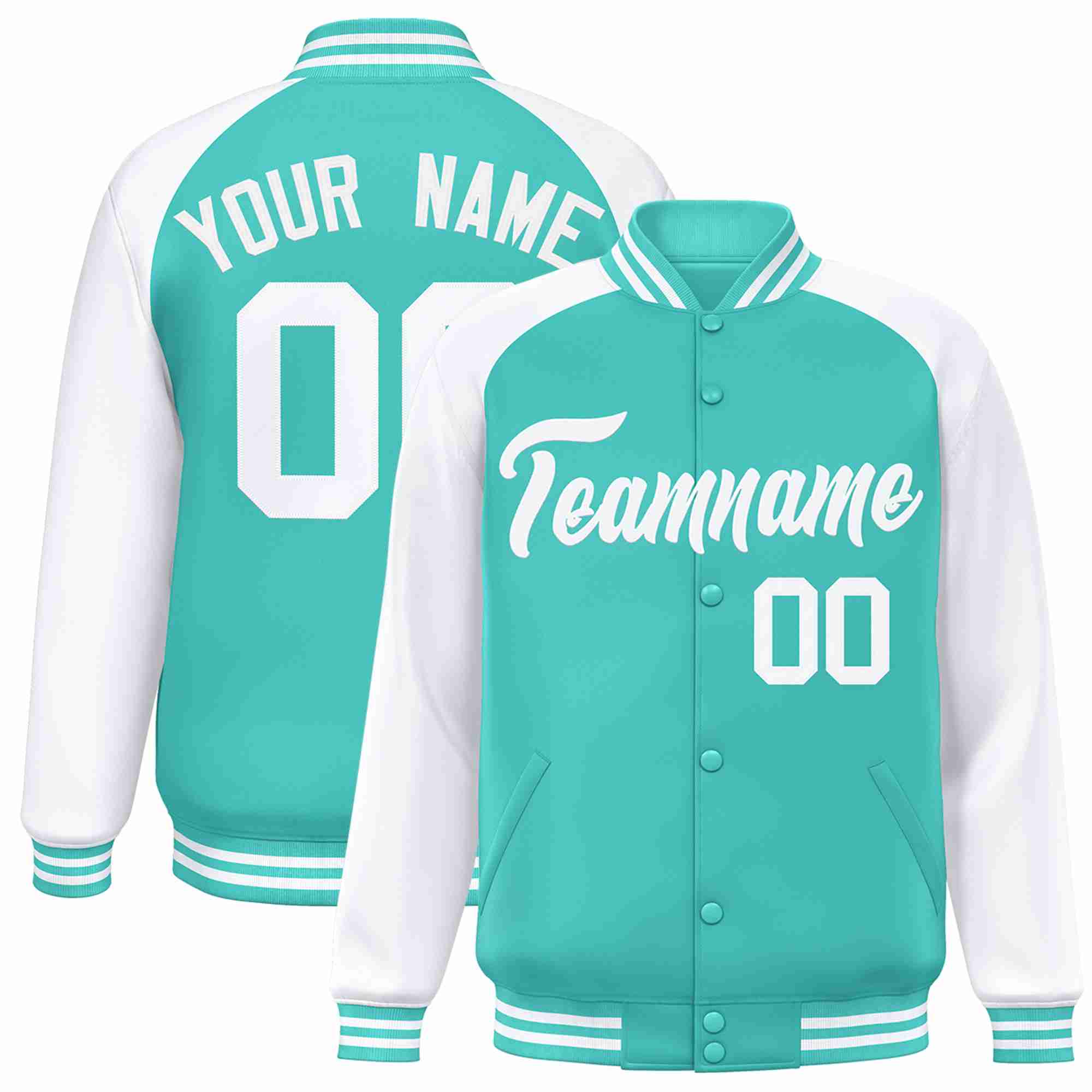 Veste Letterman Varsity Full-Snap à manches raglan blanches Aqua personnalisées