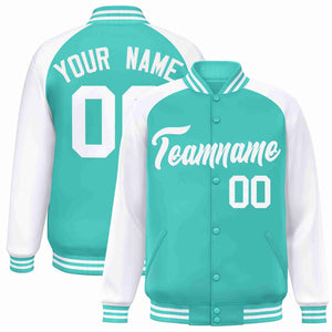 Custom Aqua White Raglan Sleeves Varsity Full-Snap Letterman Jacket