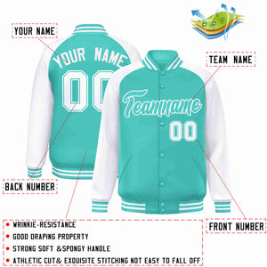 Custom Aqua White Raglan Sleeves Varsity Full-Snap Letterman Jacket