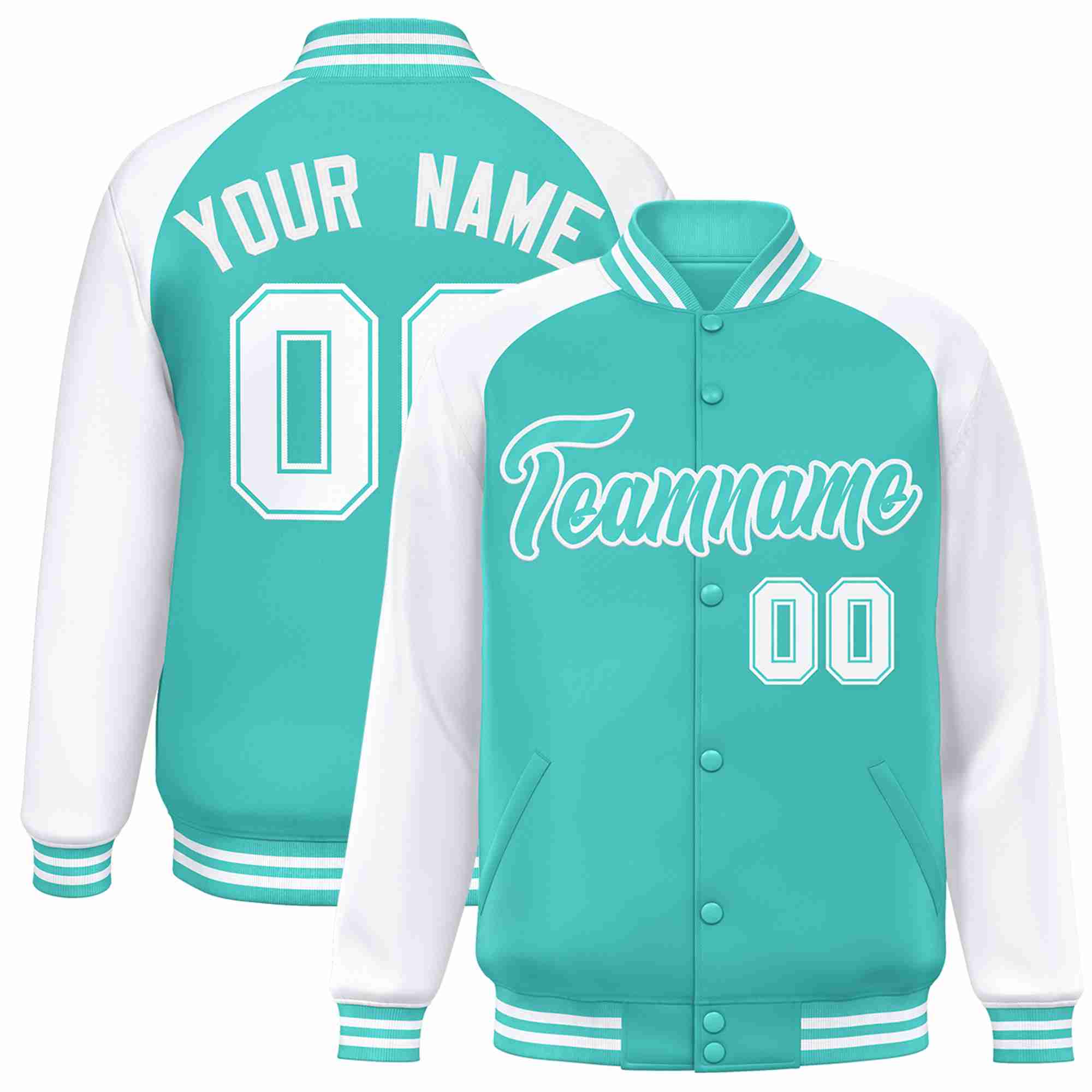 Veste Letterman Varsity Full-Snap à manches raglan blanches Aqua personnalisées