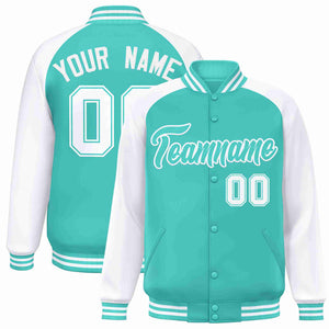 Custom Aqua White Raglan Sleeves Varsity Full-Snap Letterman Jacket