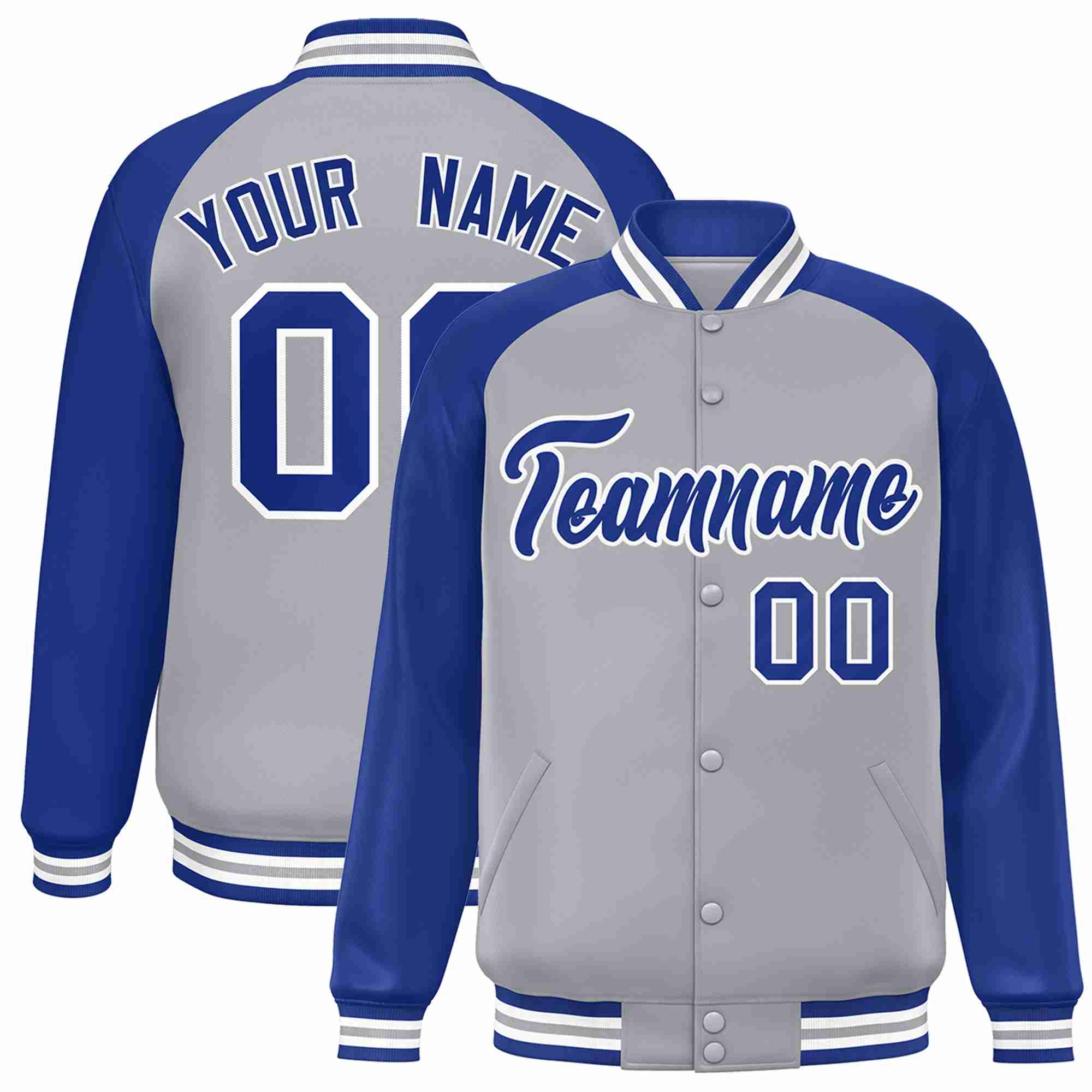 Custom Gray Royal-White Raglan Sleeves Varsity Full-Snap Letterman Jacket