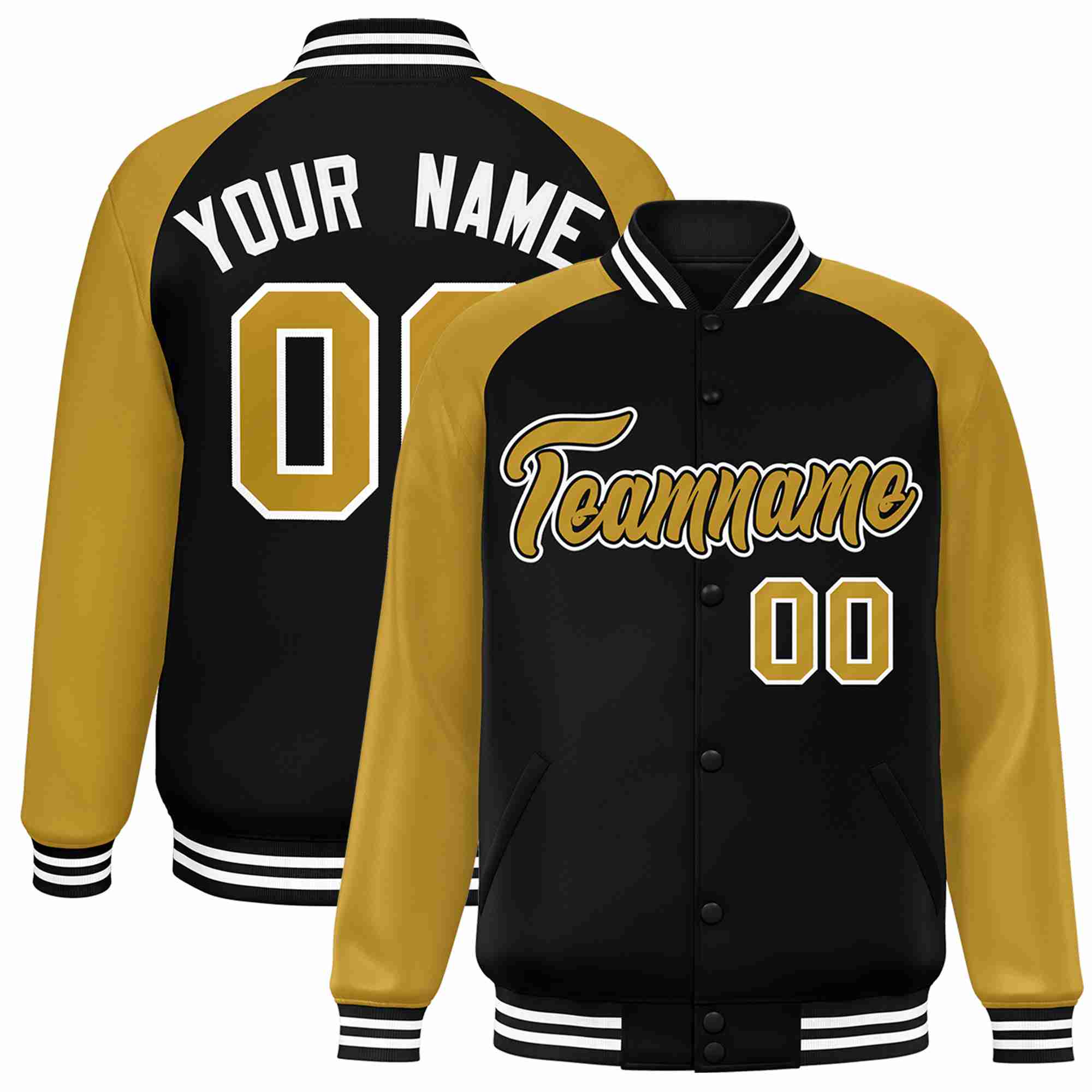 Veste Letterman Varsity Full-Snap Custom Black Old Gold-Black à manches raglan