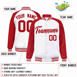 Veste Letterman Varsity Full-Snap à manches raglan blanches et rouges personnalisées