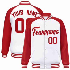 Veste Letterman Varsity Full-Snap à manches raglan blanches et rouges personnalisées