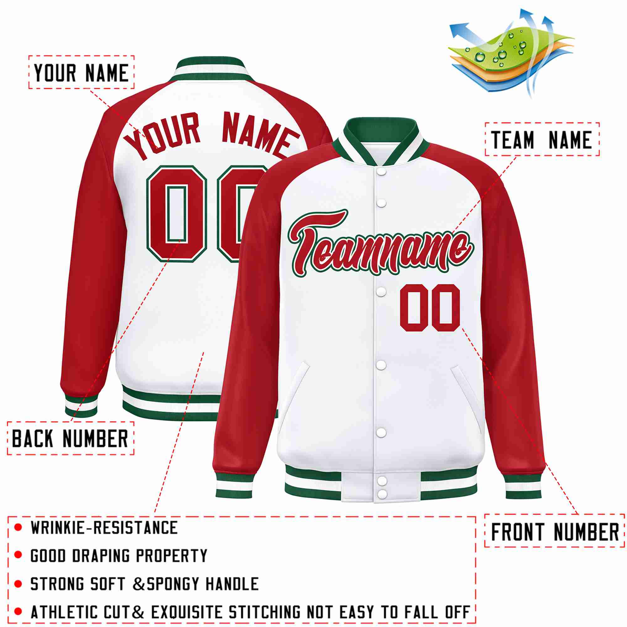 Custom White Red-White Raglan Sleeves Varsity Full-Snap Letterman Jacket