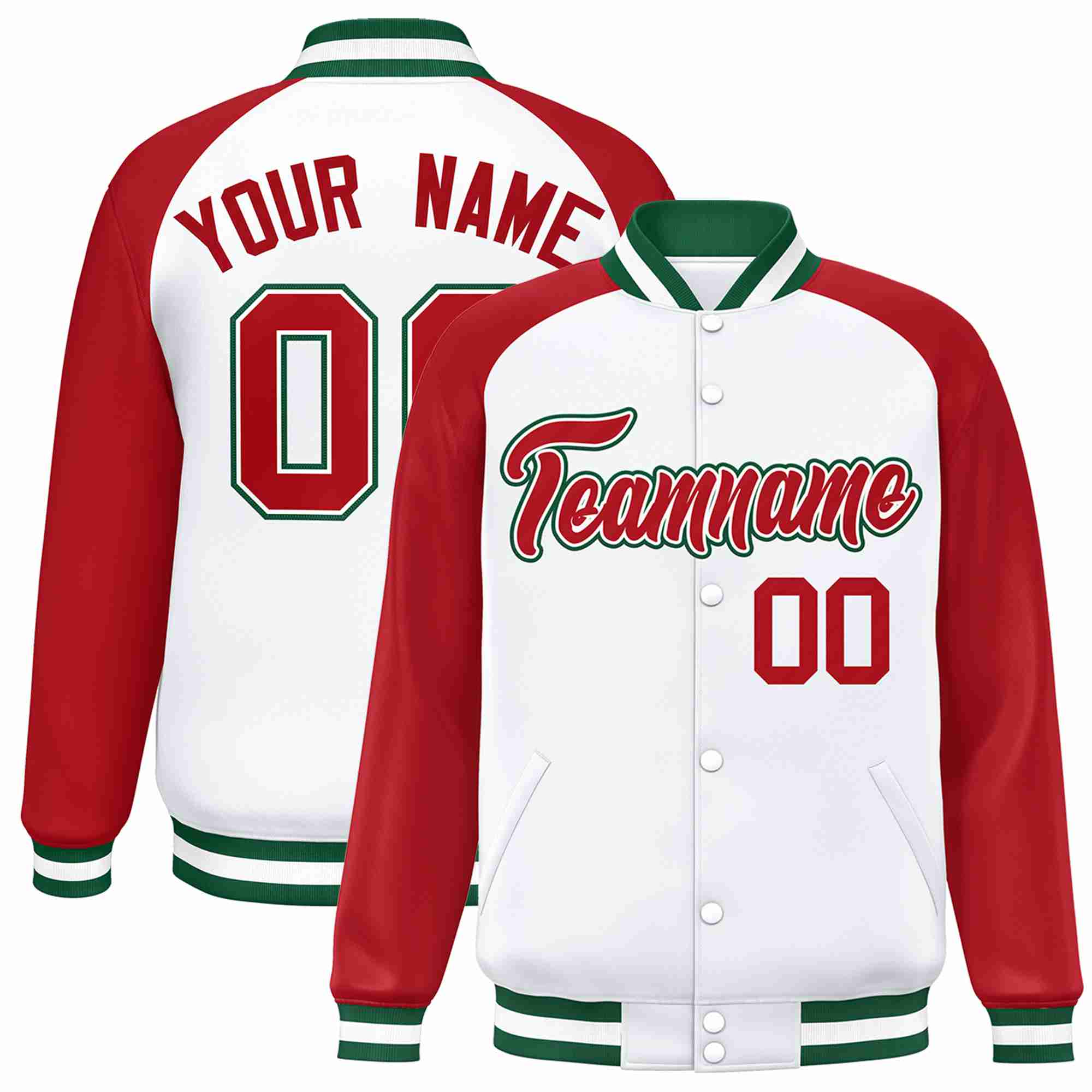 Veste Letterman Varsity Full-Snap à manches raglan blanc rouge-blanc personnalisée