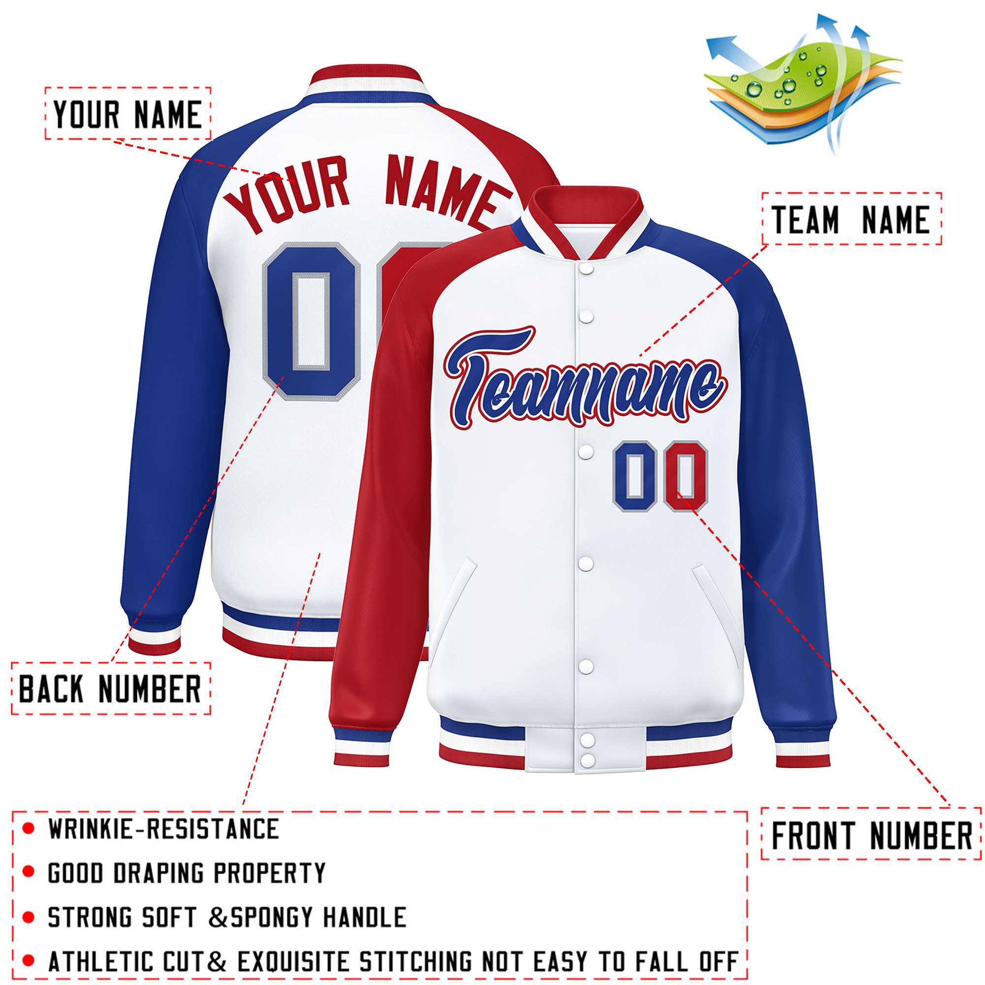 Veste Letterman Varsity Full-Snap à manches raglan blanc royal-blanc personnalisée