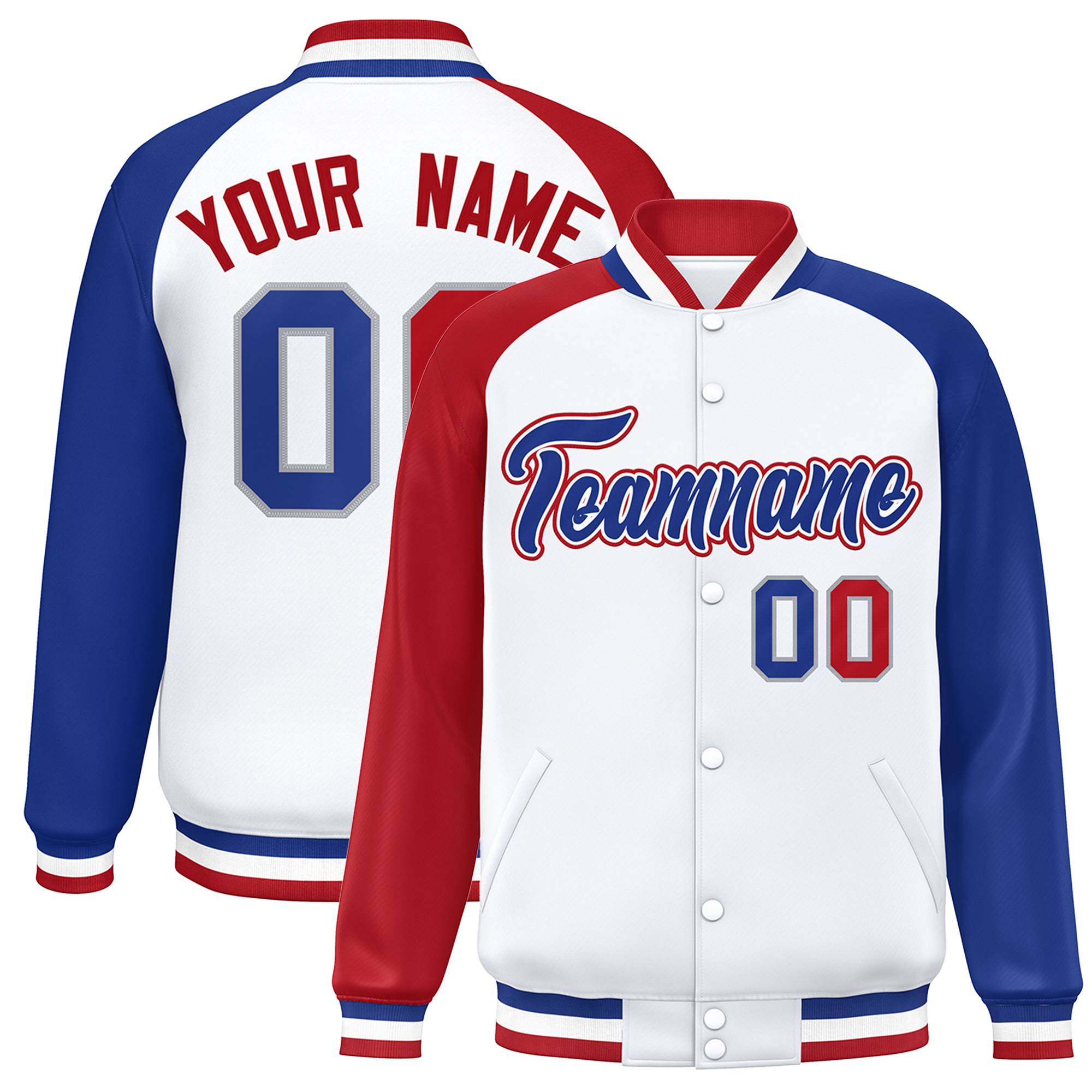 Veste Letterman Varsity Full-Snap à manches raglan blanc royal-blanc personnalisée