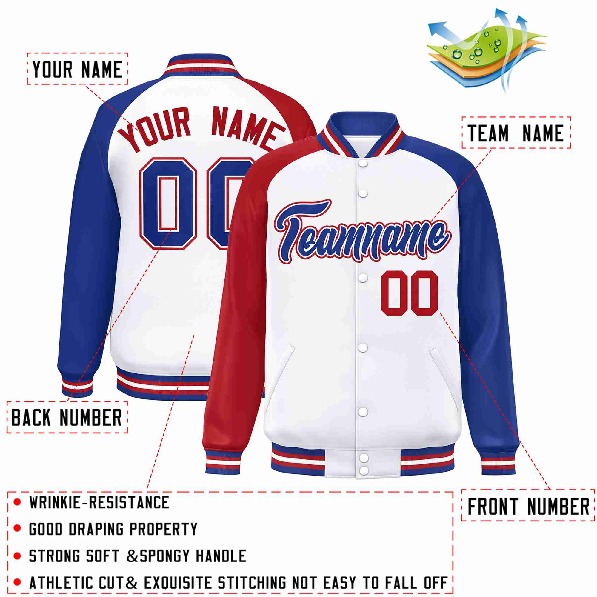 Veste Letterman Varsity Full-Snap à manches raglan blanc royal-blanc personnalisée