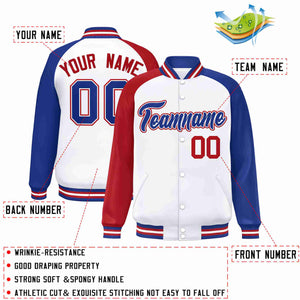 Custom White Royal-White Raglan Sleeves Varsity Full-Snap Letterman Jacket