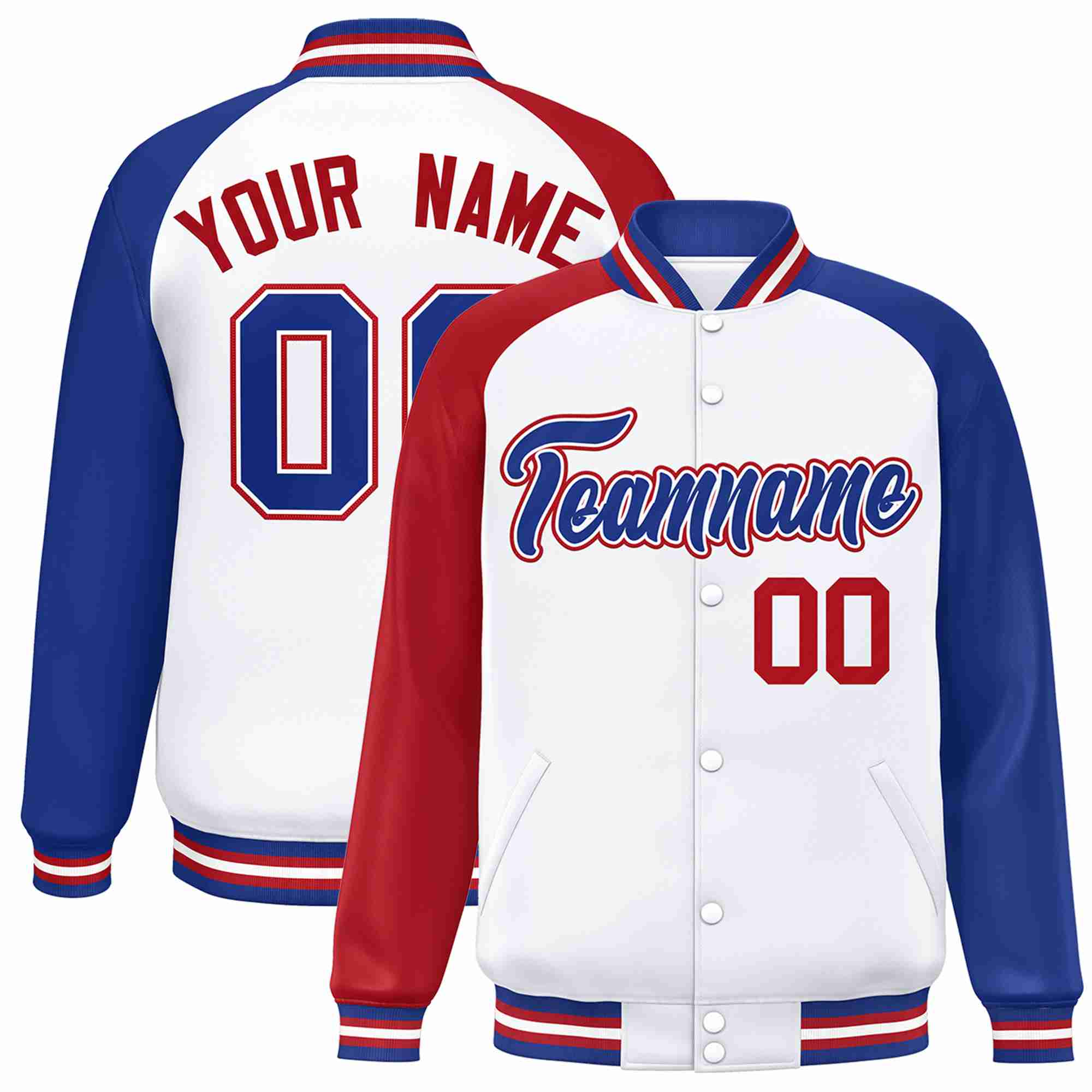 Custom White Royal-White Raglan Sleeves Varsity Full-Snap Letterman Jacket