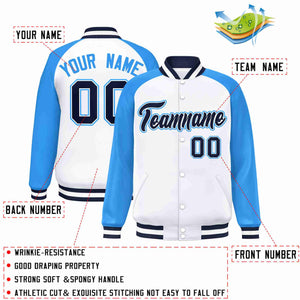 Custom White Navy-White Raglan Sleeves Varsity Full-Snap Letterman Jacket