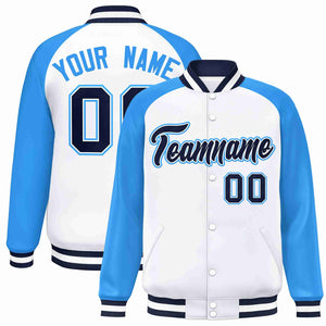 Custom White Navy-White Raglan Sleeves Varsity Full-Snap Letterman Jacket