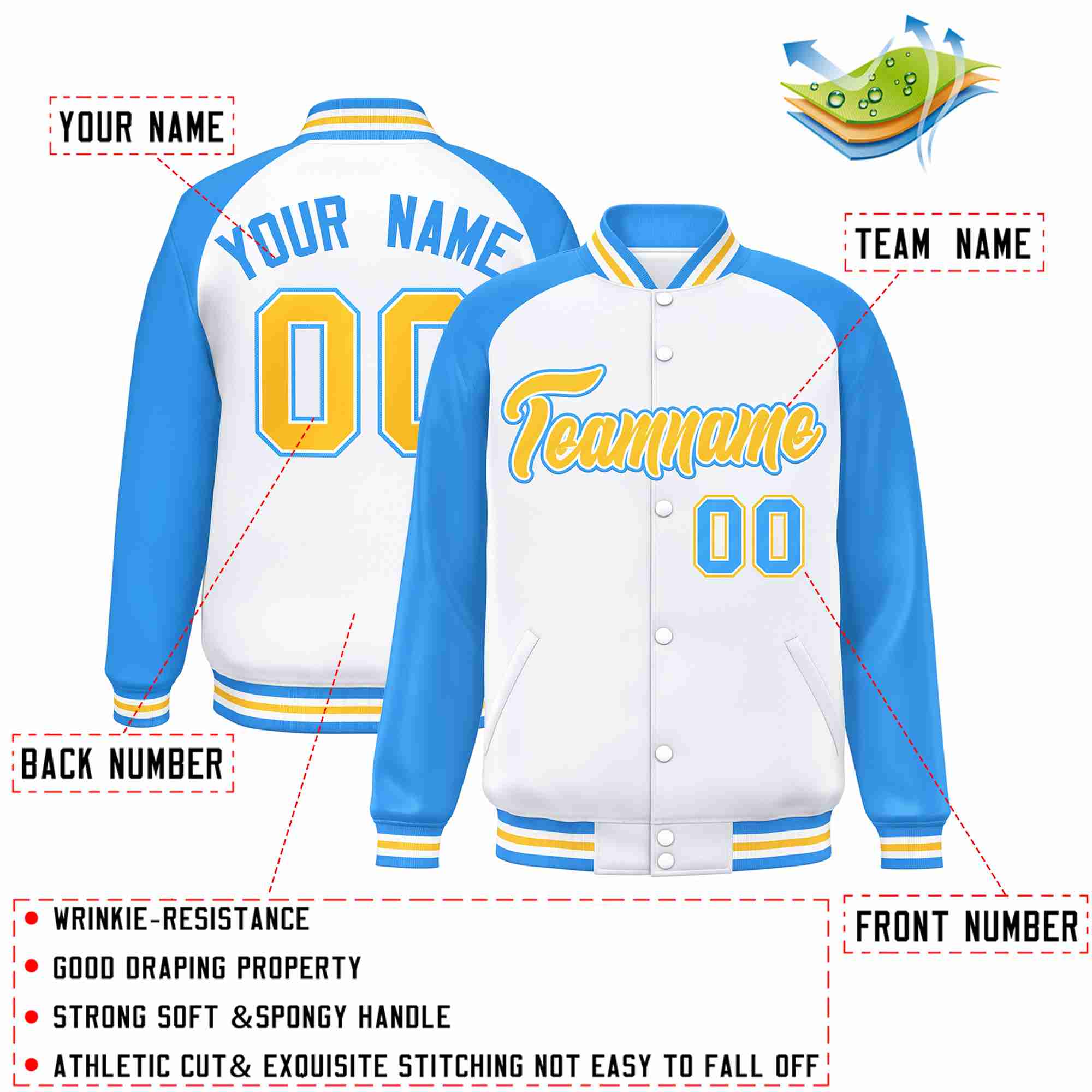 Custom White Gold-White Raglan Sleeves Varsity Full-Snap Letterman Jacket