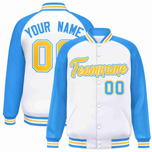 Custom White Gold-White Raglan Sleeves Varsity Full-Snap Letterman Jacket