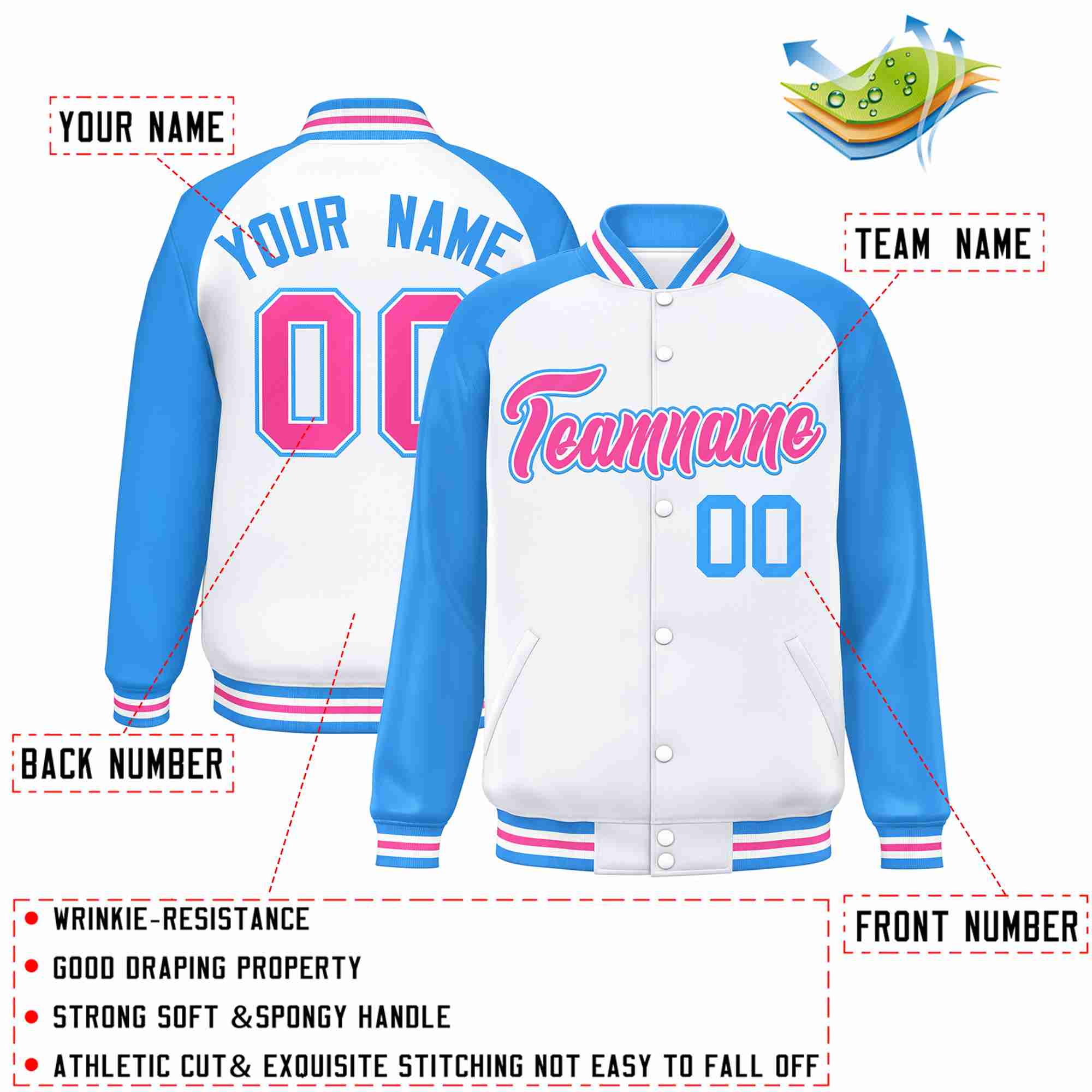 Custom White Pink-White Raglan Sleeves Varsity Full-Snap Letterman Jacket