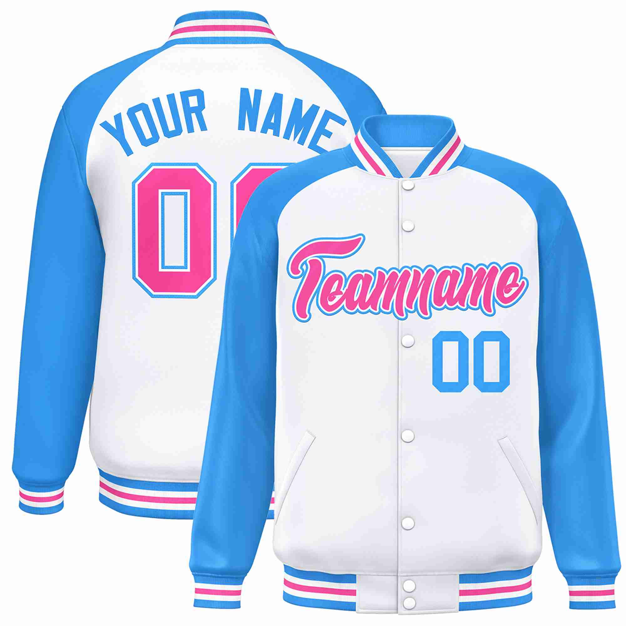 Veste Letterman Varsity Full-Snap à manches raglan blanc rose-blanc personnalisée