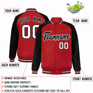 Veste Letterman Varsity Full-Snap à manches raglan rouge noir-blanc personnalisée