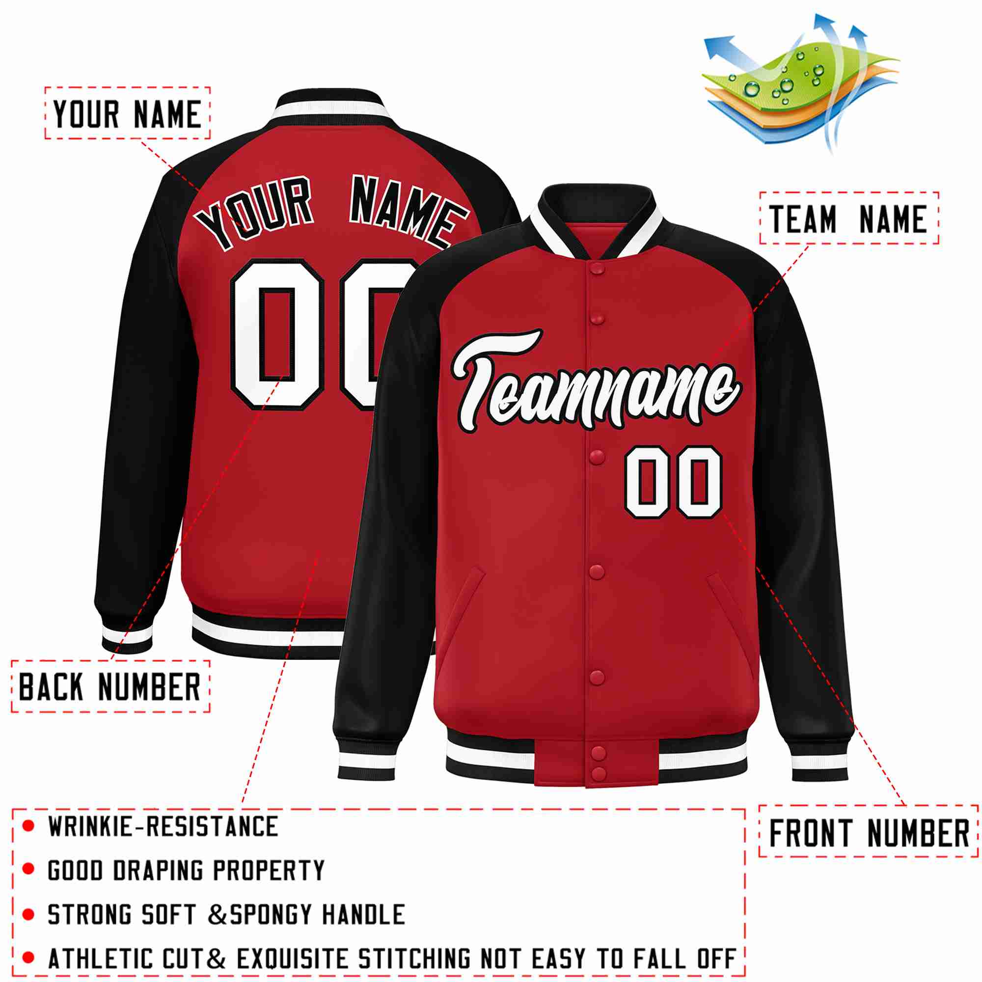 Veste Letterman Varsity Full-Snap à manches raglan rouge blanc-noir personnalisée