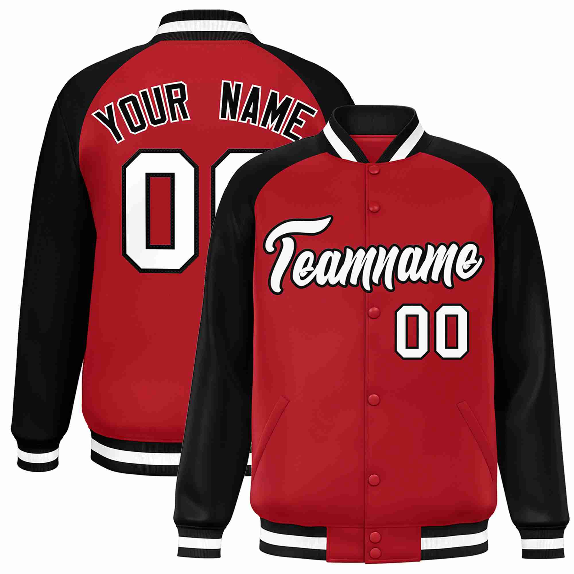 Veste Letterman Varsity Full-Snap à manches raglan rouge blanc-noir personnalisée