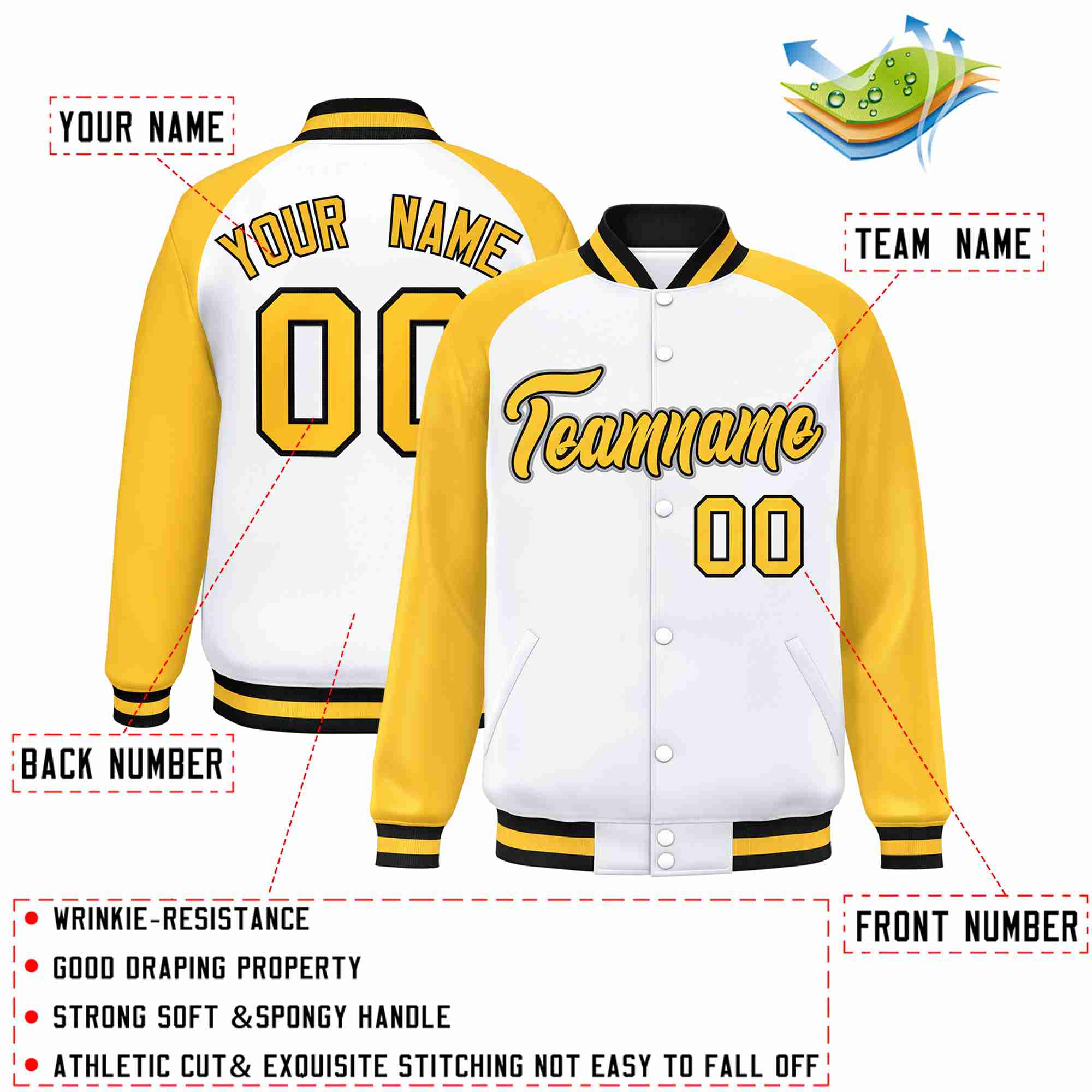 Custom White Gold-Black Raglan Sleeves Varsity Full-Snap Letterman Jacket