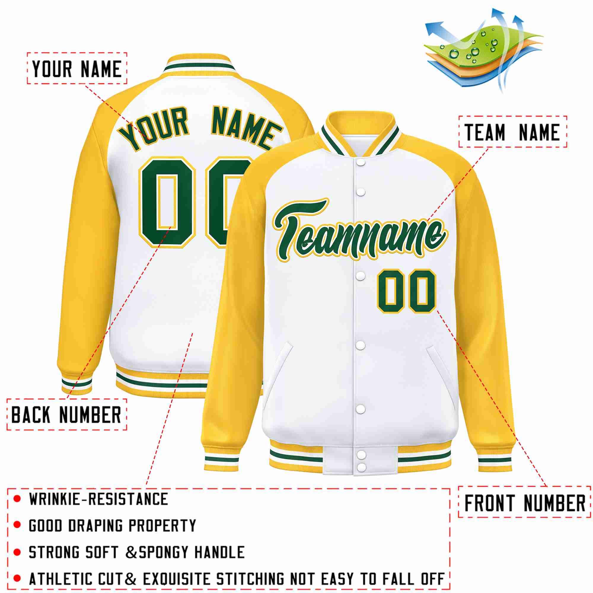 Custom White Green-White Raglan Sleeves Varsity Full-Snap Letterman Jacket