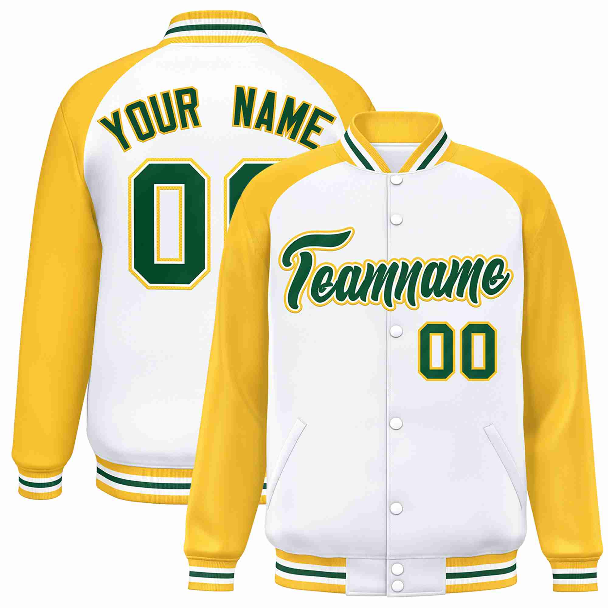 Veste Letterman Varsity Full-Snap personnalisée à manches raglan blanc vert-blanc