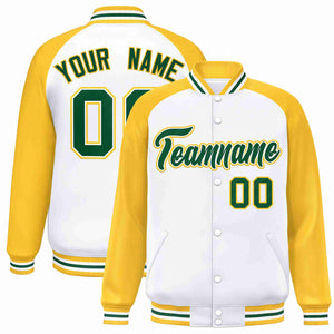 Custom White Green-White Raglan Sleeves Varsity Full-Snap Letterman Jacket