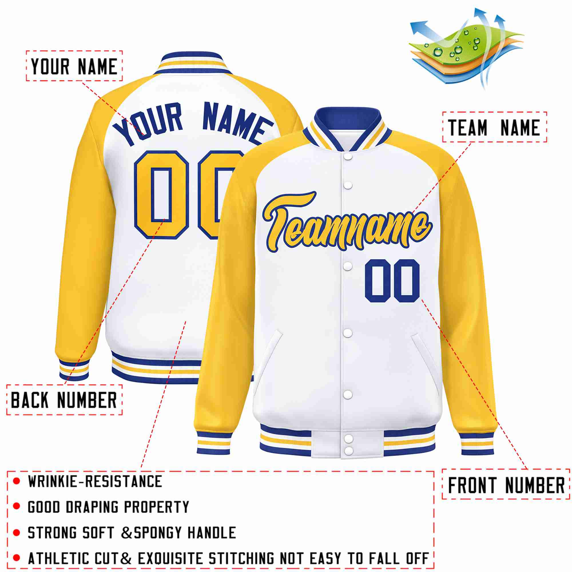 Custom White Gold-Royal Raglan Sleeves Varsity Full-Snap Letterman Jacket