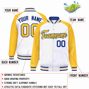 Veste Letterman Varsity Full-Snap Custom White Gold-Royal Raglan Sleeves