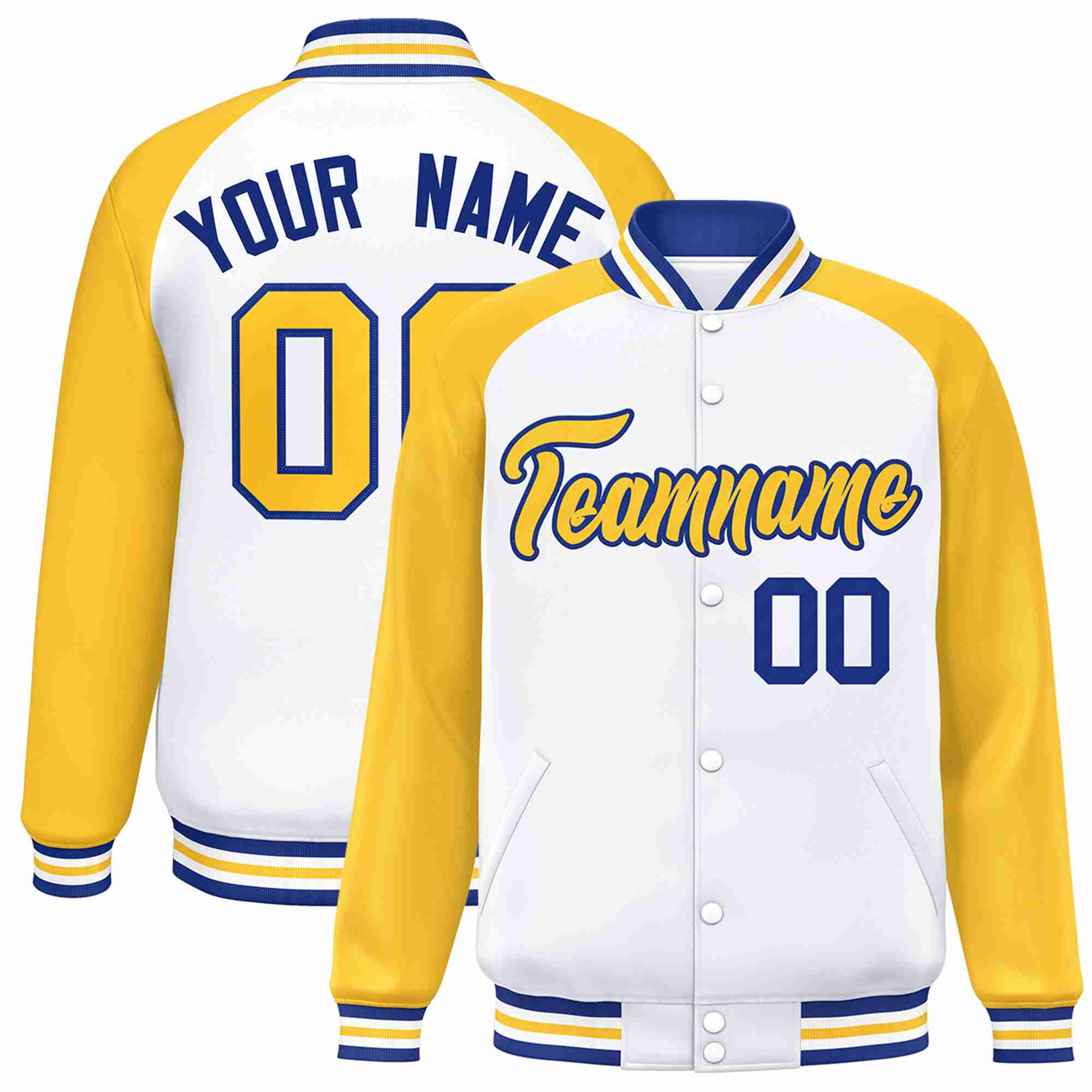 Veste Letterman Varsity Full-Snap Custom White Gold-Royal Raglan Sleeves