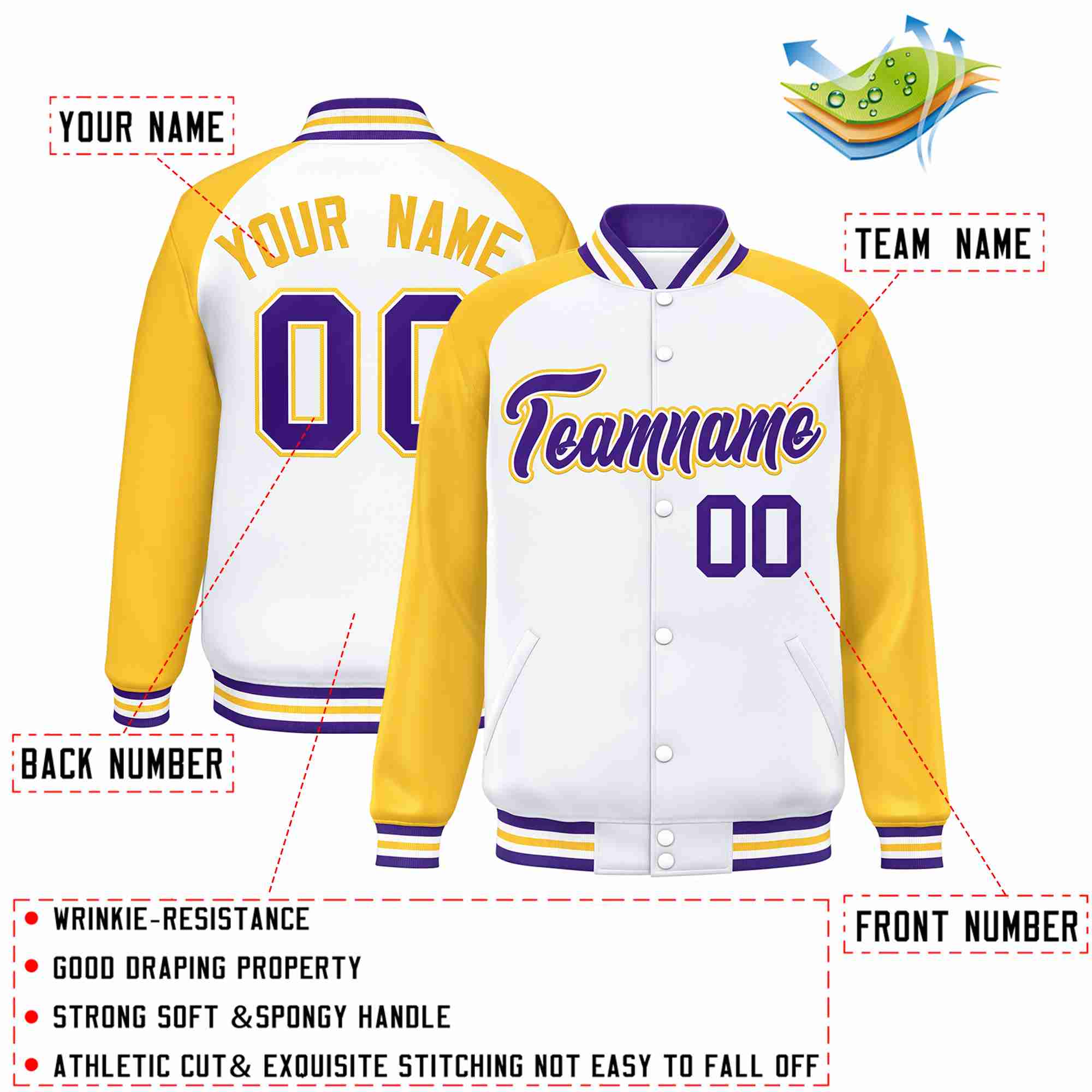 Veste Letterman Varsity Full-Snap personnalisée à manches raglan blanc violet-blanc