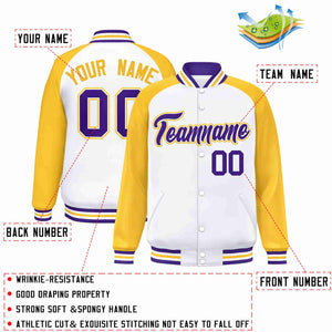 Custom White Purple-White Raglan Sleeves Varsity Full-Snap Letterman Jacket