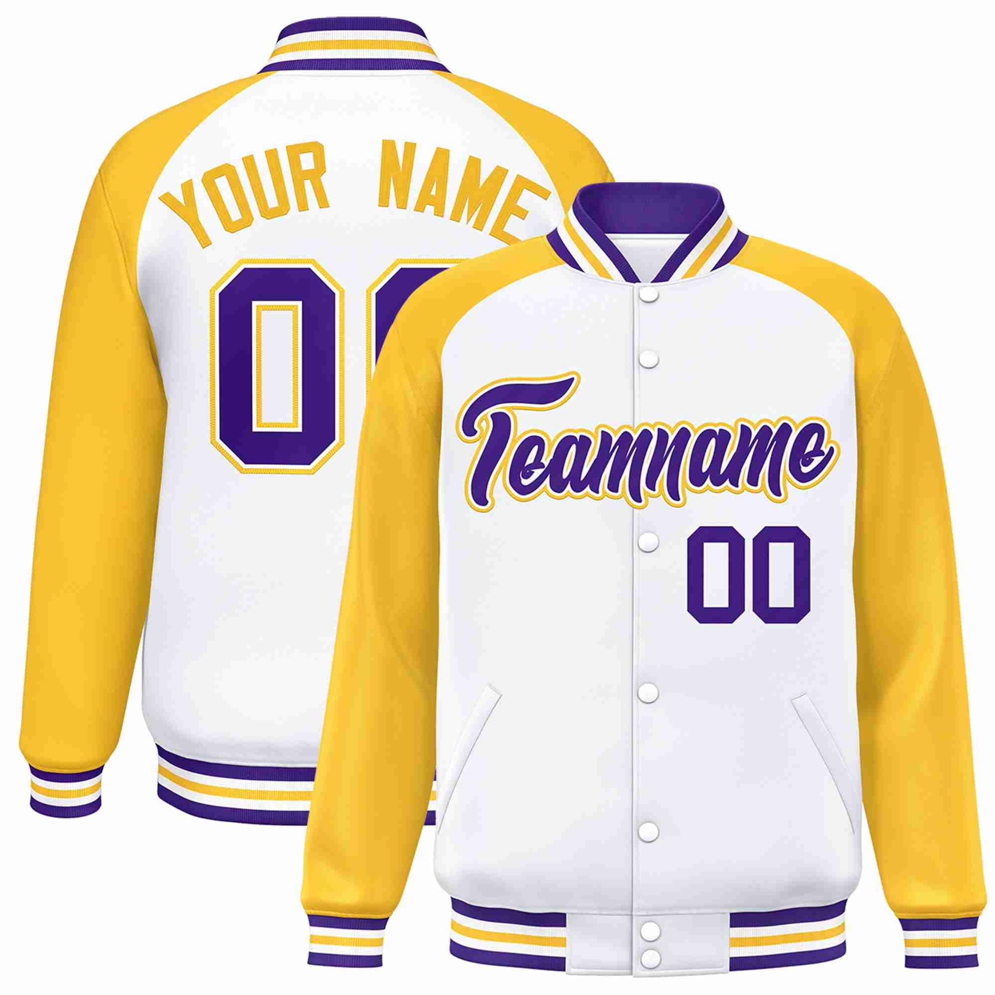 Veste Letterman Varsity Full-Snap personnalisée à manches raglan blanc violet-blanc