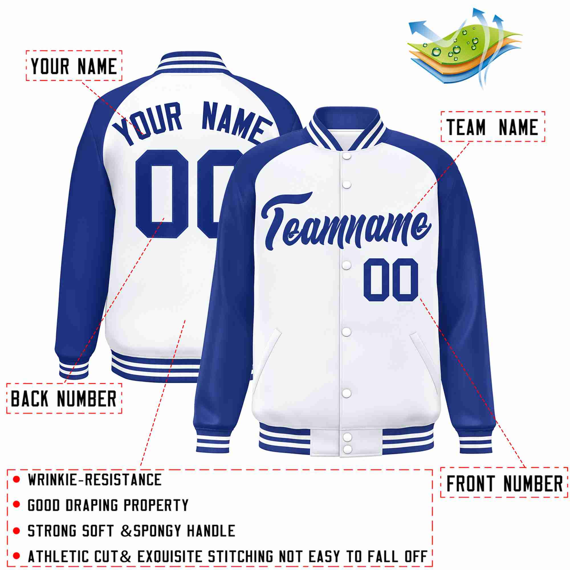 Custom White Royal Raglan Sleeves Varsity Full-Snap Letterman Jacket