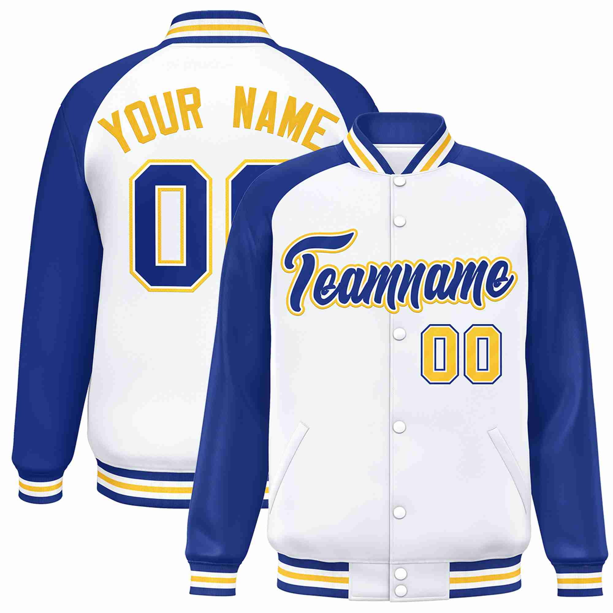 Custom White Royal-White Raglan Sleeves Varsity Full-Snap Letterman Jacket