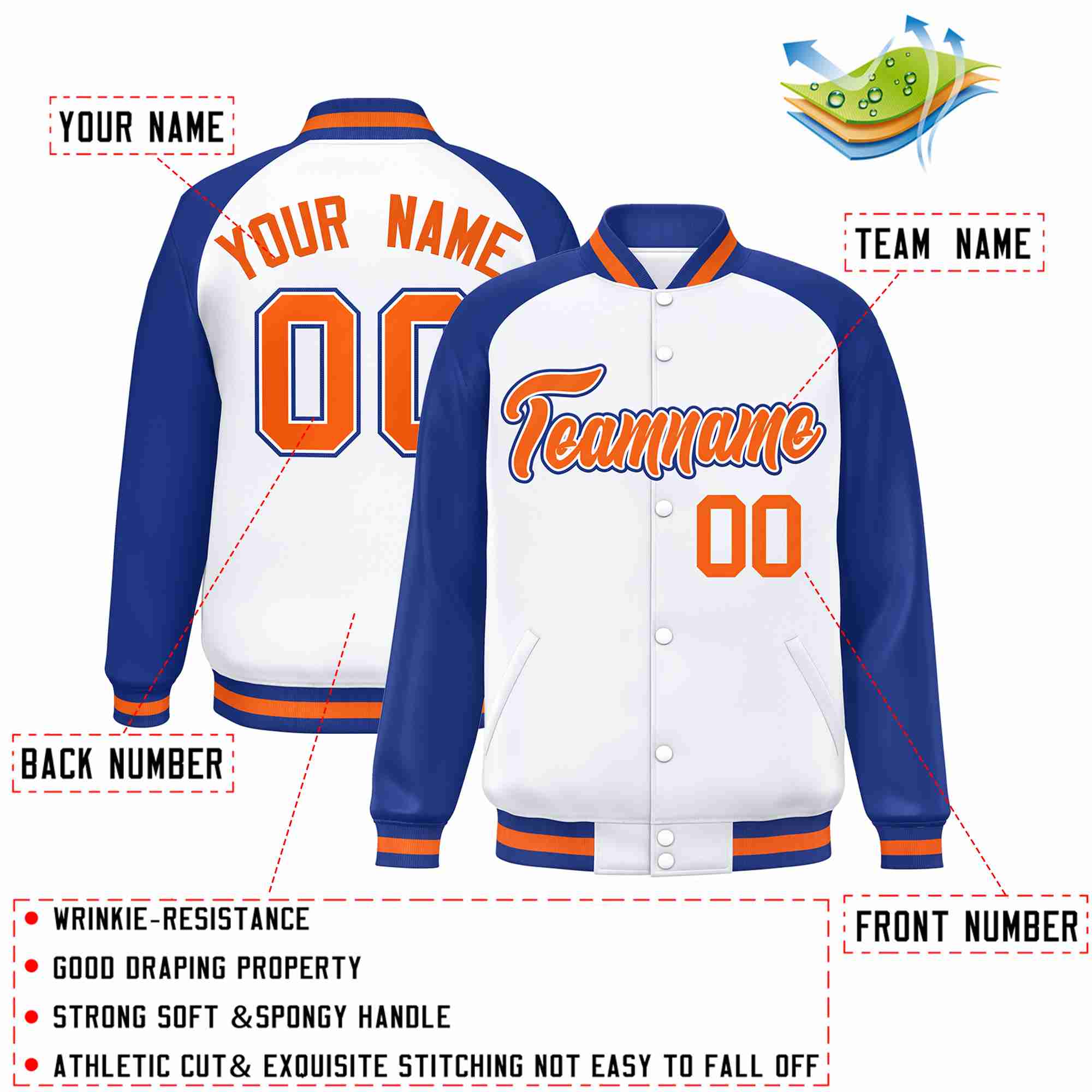 Custom White Orange-White Raglan Sleeves Varsity Full-Snap Letterman Jacket